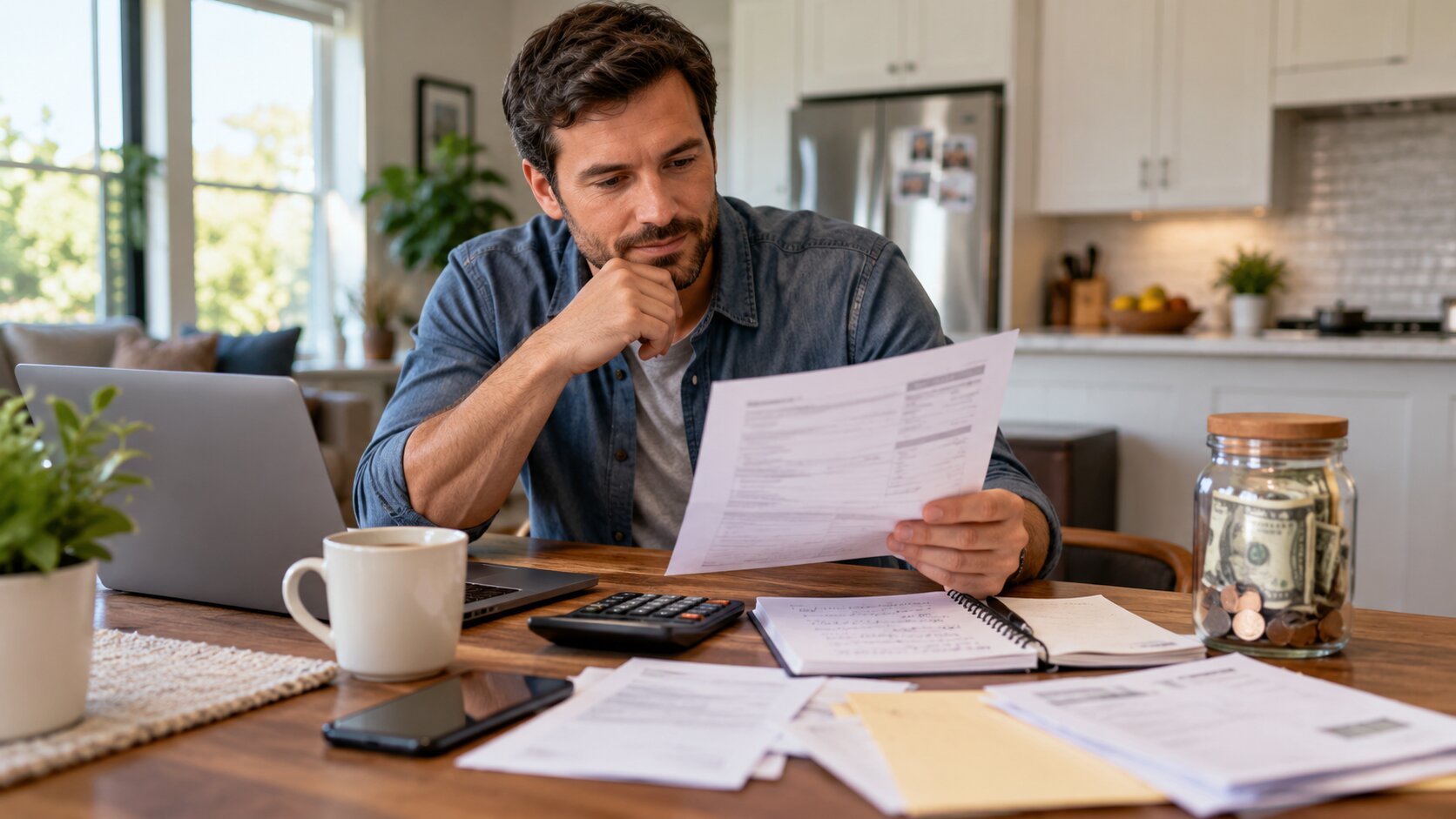 Man reviewing an unexpected household bill beside a laptop, calculator, notebook and savings jar