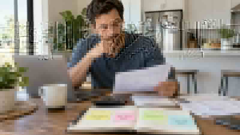 Man reviewing household finances at a kitchen table with bills, a notebook and a calculator
